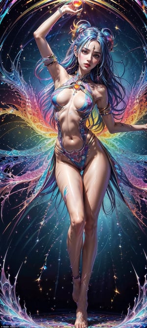 extreme detailed, (masterpiece), (top quality), (best quality), (official art), (beautiful and aesthetic:1.2), (stylish pose), (1 woman), (fractal art: 1.3), (colorful), (stunning, cute girl stands proudly amidst a kaleidoscope of colors in an otherworldly landscape. Her fantastical attire sparkles with intricate details, while her mesmerizing, deep blue glowing eyes seem to pierce through the air. Multicolored hair flows down her back like a rainbow, adorned with gleaming hair ornaments that catch the light. Her face is a work of art, with picture-perfect features and a serious, threatening expression that commands attention. Her slender physique is accentuated by a tantalizing thigh gap. Amber and red hues dance across her skin as she stands amidst an ethereal sky filled with abstract clouds and fantastical structures. The air is electric with the promise of adventure in this sci-fi fantasy world theme: 1.5), full body, 1girl, slim body, petite, skinny, very long hair, wave hair, looking at viewer, 