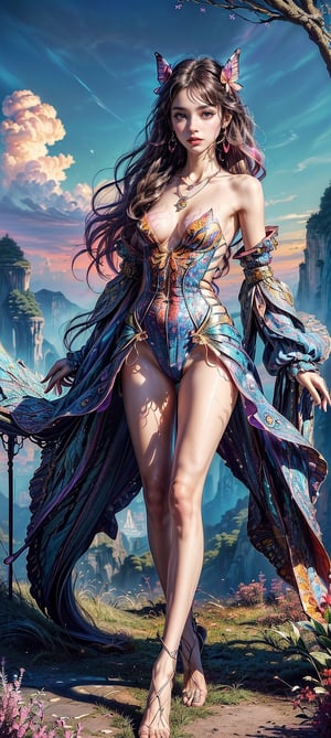 extreme detailed, (masterpiece), (top quality), (best quality), (official art), (beautiful and aesthetic:1.2), (stylish pose), (1 woman), (fractal art: 1.3), (colorful), (In a masterpiece of fantasy art, a petite girl with long, wavy hair poses in a stunning, full-body composition. She wears abstract, otherworldly clothing adorned with hair ornaments, earrings, and a necklace. Her picture-perfect face is bathed in warm light as a butterfly perches on her cheek. The background features a beautiful, colorful fantasy world with amber and red hues blending into a vibrant, swirling sky filled with fantastical structures and clouds. The girl's slender form is set against the dreamlike scenery, her eyes closed in rapt attention as she surrenders to the surreal atmosphere theme: 1.5), full body, 1girl, slim body, petite, skinny, very long hair, wave hair, looking at viewer, 