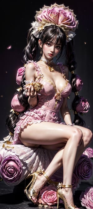 extreme detailed, (masterpiece), (top quality), (best quality), (official art), (beautiful and aesthetic:1.2), (stylish pose), (1 woman), (fractal art: 1.3), (colorful), (black hair, very_large_hair, light_purple_eyes, magazine style,pigtails in her hair with pink bows, a big rose in her hand, a luxurious white dress with gold, a pink choker with white lace, sitting on a giant pink diamond, black background,fluffy dress, high heels theme: 1.5), full body, 1girl, slim body, petite, skinny, very long hair, wave hair, looking at viewer, 