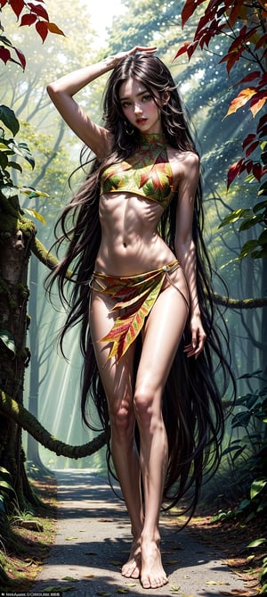extreme detailed, (masterpiece), (top quality), (best quality), (official art), (beautiful and aesthetic:1.2), (stylish pose), (1 woman), (colorful), (the sunlight that filters through the leaves of trees theme: 1.5), full body, 1girl, slim body, petite, skinny, very long hair, wave hair, looking at viewer 