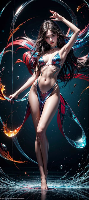In a mesmerizing swirl of colors, a stunningly beautiful petite girl with long, luscious hair poses in a vibrant vortex theme. Her slender figure is set against a backdrop of gleaming white mirrors, black glass shards, and red-hot flames, as icy blue droplets suspended in mid-air create an otherworldly atmosphere. With her piercing gaze directly addressing the viewer, she exudes elegance and poise, her stylish pose accentuating her slim physique.