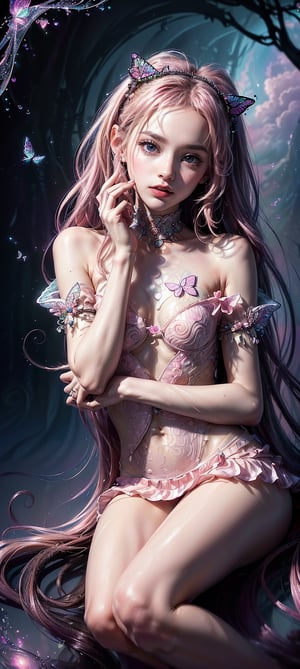 extreme detailed, (masterpiece), (top quality), (best quality), (official art), (beautiful and aesthetic:1.2), (stylish pose), (1 woman), (fractal art: 1.3), (colorful), (A whimsical portrait captures the serenity of a petite girl's face, her eyes closed in reverie as a butterfly gently settles on her cheek. Soft pink clouds dissolve into a fantastical landscape behind her. The vortex of her dreamworld swirls with darkness and colors, transporting the viewer to a mystical realm theme: 1.5), full body, 1girl, slim body, petite, skinny, very long hair, wave hair, looking at viewer, 