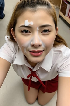 v4n3ss4, A high quality photograph of a Chinese woman. she is wearing a japanese school uniform. she is on her knees, the photo taken from above. the photograph shows her whole body including her legs. FCLHGE, (face cum glazed:1.2), cum on forehead, cum on nose. She has the face covered of cum and semen, cum drips on her lips, cum drips on her chin, cum on chin. the cum is a creamy white color. She is looking at the viewer. Perfect picture takes by a photograph. The skin texture is ultra realistic, and the cum is ultra realistic. she is in a classroom. her skin is tanned, with tan lines. her hair is dyed blonde and in twintails. Japanese gyaru style.