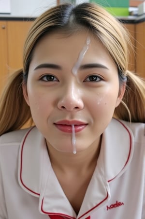 v4n3ss4, A high quality photograph of a Chinese woman. she is wearing a japanese school uniform. she is on her knees, the photo taken from above. the photograph shows her whole body including her legs. FCLHGE, (face cum glazed:1.2), cum on forehead, cum on nose. She has the face covered of cum and semen, cum drips on her lips, cum drips on her chin, cum on chin. the cum is a creamy white color. She is looking at the viewer. Perfect picture takes by a photograph. The skin texture is ultra realistic, and the cum is ultra realistic. she is in a classroom. her skin is tanned, with tan lines. her hair is dyed blonde and in twintails. Japanese gyaru style.