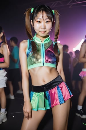 woman, asian, looking at viewer, sexy, twintails, asian,r4veclothes,r4ver, raver clothes, at a rave, low light, 