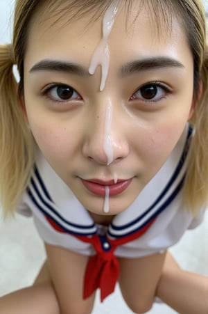 v4n3ss4, A high quality photograph of a Chinese woman. she is wearing a japanese school uniform. she is on her knees, the photo taken from above. the photograph shows her whole body including her legs. FCLHGE, (face cum glazed:1.2), cum on forehead, cum on nose. She has the face covered of cum and semen, cum drips on her lips, cum drips on her chin, cum on chin. the cum is a creamy white color. She is looking at the viewer. Perfect picture takes by a photograph. The skin texture is ultra realistic, and the cum is ultra realistic. she is in a classroom. her skin is tanned, with tan lines. her hair is dyed blonde and in twintails. Japanese gyaru style.