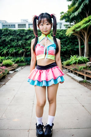 woman, asian, looking at viewer, sexy, twintails, asian,r4veclothes,r4ver, skirt