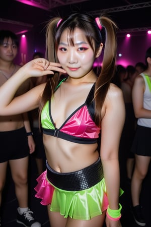 woman, looking at viewer, sexy, twintails, at a rave, low light, ,r4veclothes,r4ver, skirt, flirting with a man, 1girl, 1boy