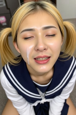 v4n3ss4, A high quality photograph of a Chinese woman. she is wearing a japanese school uniform. she is on her knees, the photo taken from above. the photograph shows her whole body including her legs. FCLHGE, (face cum glazed:1.2), cum on forehead, cum on nose. She has the face covered of cum and semen, cum drips on her lips, cum drips on her chin, cum on chin. the cum is a creamy white color. She is looking at the viewer. Perfect picture takes by a photograph. The skin texture is ultra realistic, and the cum is ultra realistic. she is in a classroom. her skin is tanned, with tan lines. her hair is dyed blonde and in twintails. Japanese gyaru style. her eyes are closed, her face scrunched up looking unhappy