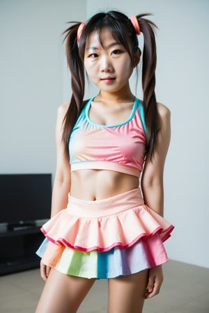 woman, asian, looking at viewer, sexy, twintails, asian,r4veclothes,r4ver, skirt