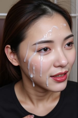 v4n3ss4, A high quality photograph of a Chinese woman. she is wearing a black t-shirt. the photograph shows her entire body. FCLHGE, (face cum glazed:1.2), cum on forehead, cum on nose. She has the face covered of cum and semen, cum drips on her lips, cum drips on her chin, cum on chin. the cum is a creamy white color. She is looking at the viewer. Perfect picture takes by a photograph. The skin texture is ultra realistic, and the cum is ultra realistic.