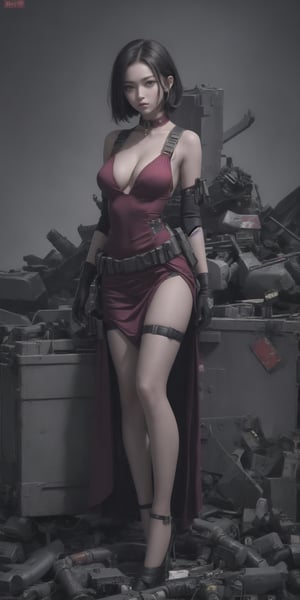 AdaWongRE, sexy pose, (((short hair))), black hair, slim body, red long dress, very long dress, collar on the neck, brest 4 size, military ammunition straps on the chest and legs, natural skin, realistic skin, ammunition straps, ammunition belts, gloves, full body