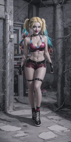 CARTOON_harley_quinn_rebirth_ownwaifu, multicolored hair, two-tone hair, twintails, blonde hair, lipstick, gloves, eyeshadow, cleavage, navel, midriff, gradient hair, short low weist pants, choker, long hair, sexy body, hot body, sport body, sexy pose, (full body view perspective),
photorealistic, cinematic light, ultraHD resolution, extremely detailed, realism, realistic skin, natural skin, high quallity, detailed face, high quallity face, big beautiful eyes, hot body,  beautiful legs, aesthetic, beautiful natural medium boobs, evil smile, edgGesugao, edgGesugao facial expression, sadistic smile