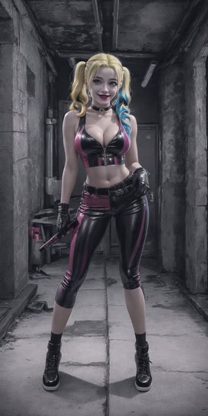 CARTOON_harley_quinn_rebirth_ownwaifu, multicolored hair, two-tone hair, twintails, blonde hair, lipstick, gloves, eyeshadow, cleavage, navel, midriff, gradient hair, short low weist pants, choker, long hair, sexy body, hot body, sport body, sexy pose, (full body view perspective),
photorealistic, cinematic light, 16k resolution, extremely detailed, realism, realistic skin, natural skin, high quallity, detailed face, high quallity face, big beautiful eyes, hot body,  beautiful legs, aesthetic, beautiful natural medium boobs, evil smile, edgGesugao, edgGesugao facial expression, sadistic smile