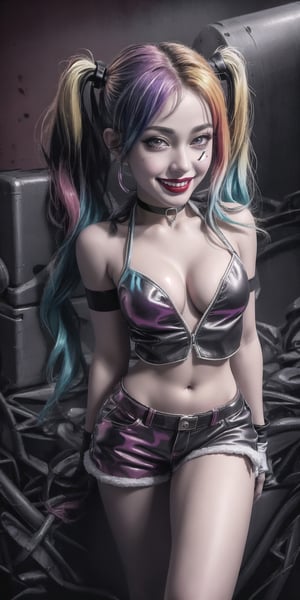 CARTOON_harley_quinn_rebirth_ownwaifu, multicolored hair, two-tone hair, twintails, blonde hair, lipstick, gloves, eyeshadow, cleavage, navel, midriff, gradient hair, short low weist shorts, choker, long hair, sexy body, hot body, sport body, Detailedface
photorealistic, cinematic light, 16K resolution, extremely detailed, realism, realistic skin, natural skin, high quallity, detailed face, high quallity face, big beautiful eyes, hot body,  beautiful legs, aesthetic, beautiful natural 4 size boobs, evil smile, edgGesugao, edgGesugao facial expression, sadistic smile