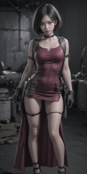 AdaWongRE, sexy pose, short hair, black hair, red long dress, very long dress, collar on the neck, brest 4 size, military ammunition straps on the chest and legs, natural skin, realistic skin, ammunition straps, ammunition belts, gloves