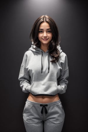 4k,best quality,masterpiece,20yo 1girl,(cropped tight sweatshirt),(demin pant), alluring smile, open hoodie,

(Beautiful and detailed eyes), sexy pose, thighs,
Detailed face, detailed eyes, double eyelids ,thin face, real hands, sexy thin body, semi visible abs, ((short hair with long locks:1.2)), black hair, thin weist, medium 4 size breast, black background,


real person, color splash style photo,
