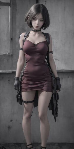 AdaWongRE, sexy pose, short hair, black hair, red long dress, very long dress, collar on the neck, brest 4 size, military ammunition straps on the chest and legs, natural skin, realistic skin, ammunition straps, ammunition belts, gloves