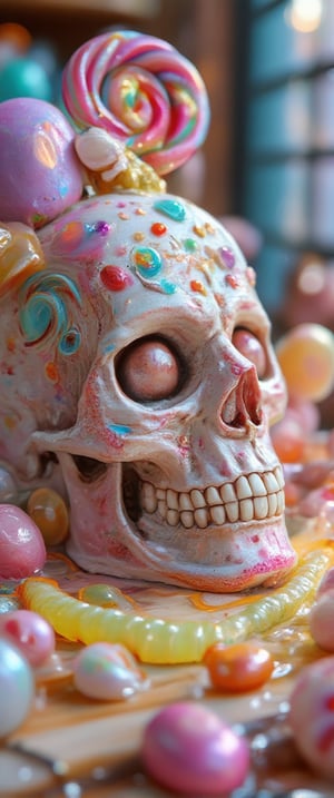 A whimsical still life setup features a sugar-coated skull with a lollipop crown and gumdrop jewelry. The skull's shape is adorned with colorful candies, like gummy worms and sour candies, arranged in a playful pattern. Soft focus lighting casts a warm glow on the sweet treats.