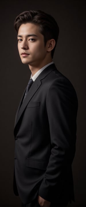 asian man in a suit and tie posing for a picture, short wavy hair, dark suit jacket, light-colored dress shirt, standing pose, looking slightly to the side, smooth skin, indoor environment, dark background with focused lighting, dramatic shadows, formal atmosphere, close-up shot, front view, deep depth of field, well-balanced exposure, no motion blur., cinematic headshot portrait, mid shot portrait, masahiro ito, well lit professional photo,dimly lit environment.