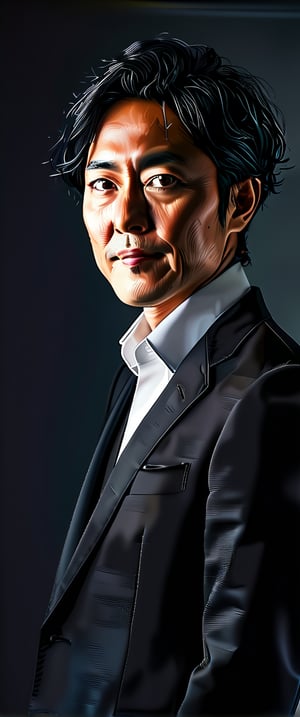 asian man in a suit and tie posing for a picture, short wavy hair, dark suit jacket, light-colored dress shirt, standing pose, looking slightly to the side, smooth skin, indoor environment, dark background with focused lighting, dramatic shadows, formal atmosphere, close-up shot, front view, deep depth of field, well-balanced exposure, no motion blur., cinematic headshot portrait, mid shot portrait, masahiro ito, well lit professional photo,dimly lit environment.