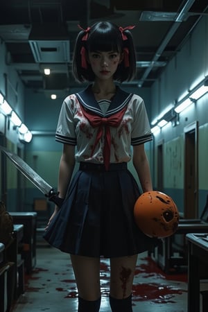 In a dimly lit, abandoned school building at dusk, a high school girl with a bobcut hairstyle and a red ribbon tied around her head stands out against the eerie atmosphere. She wears a Japanese schoolgirl uniform, complete with high knee socks, but her overall appearance is marred by a creepy smile and bloodstains covering her clothes. Her right hand grasps a large kitchen knife, while her left hand cradles an equally massive pumpkin mask. The flickering fluorescent lights overhead cast long shadows, accentuating the girl's unsettling demeanor as she surveys her desolate surroundings.