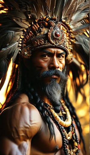 A majestic portrait of Bujang Ganong, the fierce warrior from ancient Java tribe! He stands tall, his lion-like hair cascading down his back as he dons a peacock fur hat. His broad nose, bulging eyes, and wide mouth with razor-sharp teeth convey a fearless demeanor. Framed against a warm, golden background, Bujang Ganong's lean, agile physique exudes physical strength and agility as he dances in traditional Javanese attire: a vibrant vest, waistcloth, and ornate accessories that accentuate his warrior persona.
