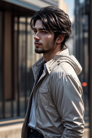 A solo male figure stands tall, looking directly at the viewer with a gaze that fills the frame. His short, black hair is messily styled, and he sports a scruffy beard and stubble. He wears a white dress shirt underneath an open black jacket, highlighting his chiseled upper body. Brown eyes peer out from behind closed lips, exuding confidence and intensity. The subject's facial features are sharply focused, while the blurry background adds depth and dimensionality to the image. A watermark subtly overlays the composition.