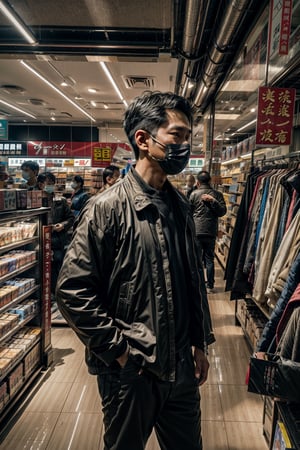 1man,((male)), ((front view)),((eyes on viewer)), man standing in the middle of a store wear jacket,((fit body)), a picture by Ni Yuanlu, pexels contest winner, photorealism, still from a live action movie, in style of kar wai wong, a still of kowloon, movie still 8 k, japanese live-action movie, cinematic. by leng jun, 8 k movie still