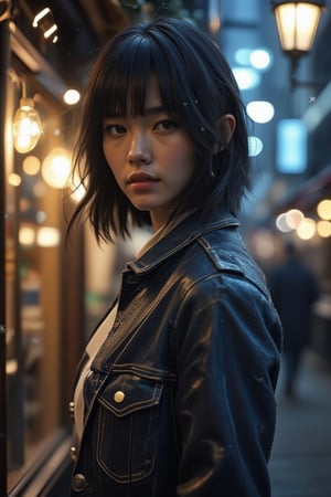 (Best quality, 8k, 32k, Masterpiece, real life, photorealism, highres, UHD:1.2) night city, 4K, ultra HD, RAW photo, realistic, masterpiece, best quality,woman with medium black hair, straight hair and black eyes, standing outdoors on a street in front of a storefront. She is looking directly at the viewer with parted lips. denim jeans and sneakers. Her arms are relaxed at her sides, brown skin, white skin, 50mm, medium shot, outdoor, half body, photography, Portrait, ,, high fashion, snowflakes, dynamic light, warm lights, festival atmosphere