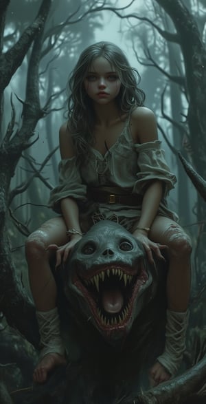 A somber, misty forest setting at dusk, with twisted tree branches like skeletal fingers grasping towards the sky. A small, melancholic girl in a tattered dress ride  A grotesque character, a figure with a slender yet muscular physique, its jawline protruding as two sharp fangs sprout from below like wicked daggers. The girl's face is deathly pale, her eyes sunken with a mix of fear and fascination as she gazes up at her monstrous companion.