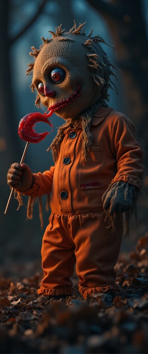 Sam's eerie figure emerges from darkness, round burlap sack mask like scarecrow hiding his face behind stitched seams and button eyes. orange Pyjamas hang loose on his small frame, like a child's costume gone awry. Bloodied hands grasp a crescent moon lollipop, as dry leaves crunch beneath his feet. The iconic phrase Trick-Or-Treat blazes in bold red letters, a beacon of dread against the desolate night.