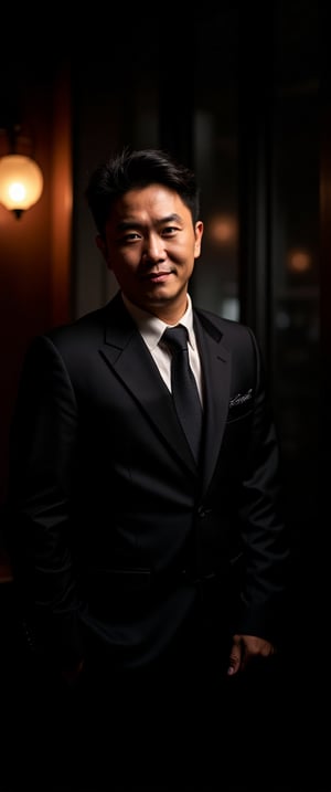 asian man in a suit and tie posing for a picture, short wavy hair, dark suit jacket, light-colored dress shirt, standing pose, looking slightly to the side, smooth skin, indoor environment, dark background with focused lighting, dramatic shadows, formal atmosphere, close-up shot, front view, deep depth of field, well-balanced exposure, no motion blur., cinematic headshot portrait, mid shot portrait, masahiro ito, well lit professional photo,dimly lit environment.