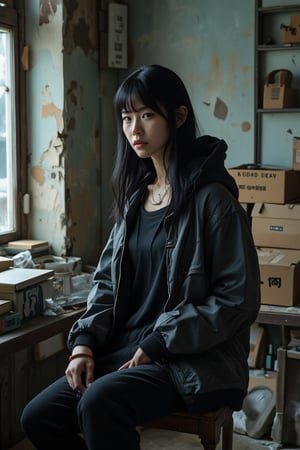 1girl,((woman)),looking at viewer, straight hair, shirt, black hair, long sleeves, closed mouth, sit, jacket, indoors, open clothes, pants, hood , open jacket, shirt, black pants, denim, box, jacket, jeans, realistic, hands in pockets, shop,((fit body)), rundown room, with peeling wallpaper and worn-out furniture ,abandoned building, solo focus,  a picture by Ni Yuanlu, pexels contest winner, photorealism, still from a live action movie, in style of kar wai wong, a still of kowloon, movie still 8 k, japanese live-action movie, cinematic. by leng jun, 8 k movie still,TR mecha style, realistic