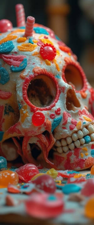 A whimsical still life setup features a sugar-coated skull with a lollipop crown and gumdrop jewelry. The skull's shape is adorned with colorful candies, like gummy worms and sour candies, arranged in a playful pattern. Soft focus lighting casts a warm glow on the sweet treats.