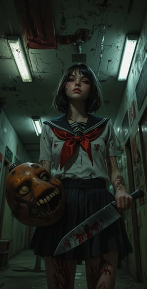 In a dimly lit, abandoned school building at dusk, a high school girl with a bobcut hairstyle and a red ribbon tied around her head stands out against the eerie atmosphere. She wears a Japanese schoolgirl uniform, complete with high knee socks, but her overall appearance is marred by a creepy smile and bloodstains covering her clothes. Her right hand grasps a large kitchen knife, while her left hand cradles an equally massive pumpkin mask. The flickering fluorescent lights overhead cast long shadows, accentuating the girl's unsettling demeanor as she surveys her desolate surroundings.