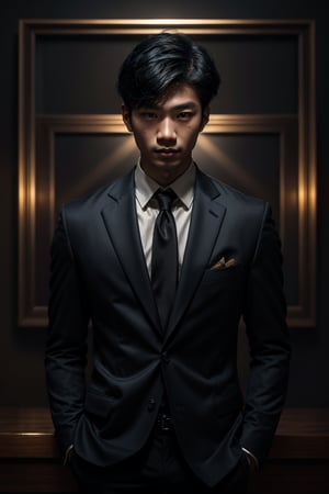 A mid-shot illustration of an Asian man's face, featuring short hair and a gaze slightly lifted as if observing something above. The camera captures the subtle sheen on his oily skin, which glistens in the dimly lit environment with key lighting. He wears a black suit against a simple background, framed straight-on, showcasing his middle-cut hairstyle.