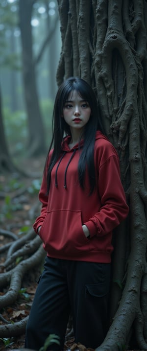 1 girl,
long black hair, perfecteyes
long black loose trousers
put both hands into the pockets of the red hoodie, Smiles, mouth closed
seen from afar
big old tree, rain, dark forest
cinematic dark lighting
16k, realistic, perfect.
