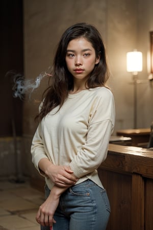 1Girl, ((asian)), solo, beatiful adult girl, medium hair,front view,  looking at viewer, ((small Breast)), shirt, sweater, jeans, (original photo, best quality), (photorealism:1.3), best quality, masterpiece, beauty and aesthetics, 16K, (HDR), High Contrast, (Vivid Colors:1.4), (Soft Colors, Dull Colors, Soothing Tone), Cinematic Lighting, Fine Details & Textures, Movies, Warm Colors, Outdoor Backgrounds, street, official art, extremely detailed CG unified 8k wallpaper, bright colors, Bright_Front_face_Lighting, brown  fine skin, (masterpiece:1), (best_quality:1), ultra-high resolution, 4K, ultra-detailed, photography, 8K, HDR, HD, (Ridiculous:1.2), Kodak Portra 400, Film Grain, Background Blur, (Bokeh:1.2), Lens Flare, (Vivid Colors:1.2), Professional Photo, realistic, black_hair, looking_at_viewer, ((straight_hair)), arms_behind_back, epic, breathtaking, dramatic, HyperSmoke, dark, background, black, backlit, theme,photorealistic