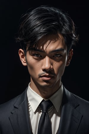 A mid-shot illustration of an Asian man's face, featuring short hair and a gaze slightly lifted as if observing something above. The camera captures the subtle sheen on his oily skin, which glistens in the dimly lit environment with key lighting. He wears a black suit against a simple background, framed straight-on, showcasing his middle-cut hairstyle.