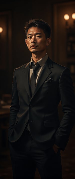 asian man in a suit and tie posing for a picture, short wavy hair, dark suit jacket, light-colored dress shirt, standing pose, looking slightly to the side, smooth skin, indoor environment, dark background with focused lighting, dramatic shadows, formal atmosphere, close-up shot, front view, deep depth of field, well-balanced exposure, no motion blur., cinematic headshot portrait, mid shot portrait, masahiro ito, well lit professional photo,dimly lit environment.