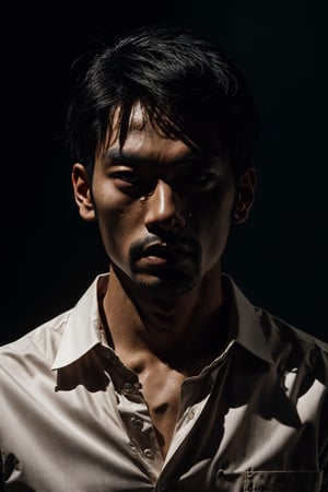 illustration of an asian man's face, his gaze slightly lifted as if observing something above. The camera captures the subtle sheen on his oily skin, which glistens in the dimly lit environment, keylighting.white collared shirt, blazer, simple background,front straight view