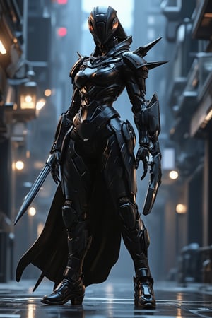 woman in a black outfit and a large claw, wearing techwear and armor, as overwatch character, cyberpunk angry gorgeous goddess, girl in mecha cyber armor, 8 k, cyberpunk mech, cyborg fashion shot, dystopian scifi outfit, sci fi female character, as an overwatch character