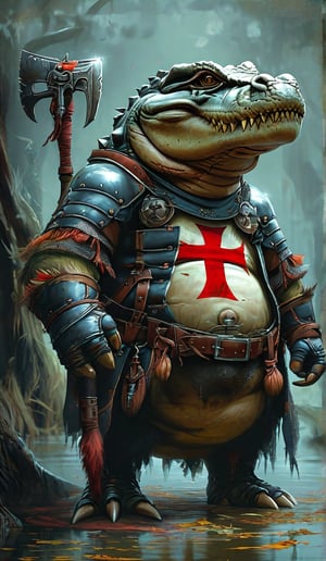 In a dimly lit, misty swamp setting, a behemoth alligator warrior stands tall, its scaly skin glistening with a silver sheen. The alligator's face is fierce, but the human visage on the back of its head appears weary, as if burdened by the weight of its beer belly and strongman physique. A red cross painted across its body serves as a symbol of its unyielding will. Clad in leather pants and boots, it wears a medieval steel helmet adorned with feathers, holding aloft a claw-like staff that seems to be pulsing with ancient power.