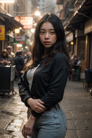 1Girl, ((asian)), solo, beatiful adult girl, medium hair,front view,  looking at viewer, ((small Breast)), shirt, sweater, jeans, (original photo, best quality), (photorealism:1.3), best quality, masterpiece, beauty and aesthetics, 16K, (HDR), High Contrast, (Vivid Colors:1.4), (Soft Colors, Dull Colors, Soothing Tone), Cinematic Lighting, Fine Details & Textures, Movies, Warm Colors, Outdoor Backgrounds, street, official art, extremely detailed CG unified 8k wallpaper, bright colors, Bright_Front_face_Lighting, brown  fine skin, (masterpiece:1), (best_quality:1), ultra-high resolution, 4K, ultra-detailed, photography, 8K, HDR, HD, (Ridiculous:1.2), Kodak Portra 400, Film Grain, Background Blur, (Bokeh:1.2), Lens Flare, (Vivid Colors:1.2), Professional Photo, realistic, black_hair, looking_at_viewer, ((straight_hair)), arms_behind_back, epic, breathtaking, dramatic, HyperSmoke, dark, background, black, backlit, theme,photorealistic