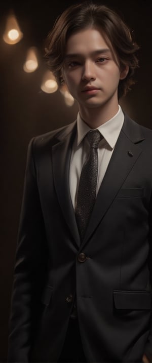 asian man in a suit and tie posing for a picture, short wavy hair, dark suit jacket, light-colored dress shirt, standing pose, looking slightly to the side, smooth skin, indoor environment, dark background with focused lighting, dramatic shadows, formal atmosphere, close-up shot, front view, deep depth of field, well-balanced exposure, no motion blur., cinematic headshot portrait, mid shot portrait, masahiro ito, well lit professional photo,dimly lit environment.