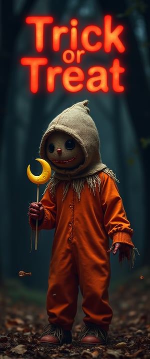 Sam's eerie figure emerges from darkness, round burlap sack mask like scarecrow hiding his face behind stitched seams and button eyes. orange Pyjamas hang loose on his small frame, like a child's costume gone awry. Bloodied hands grasp a crescent moon lollipop, as dry leaves crunch beneath his feet. The iconic phrase Trick-Or-Treat blazes in bold red letters, a beacon of dread against the desolate night.