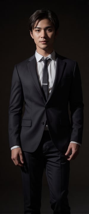 asian man in a suit and tie posing for a picture, short wavy hair, dark suit jacket, light-colored dress shirt, standing pose, looking slightly to the side, smooth skin, indoor environment, dark background with focused lighting, dramatic shadows, formal atmosphere, close-up shot, front view, deep depth of field, well-balanced exposure, no motion blur., cinematic headshot portrait, mid shot portrait, masahiro ito, well lit professional photo,dimly lit environment.