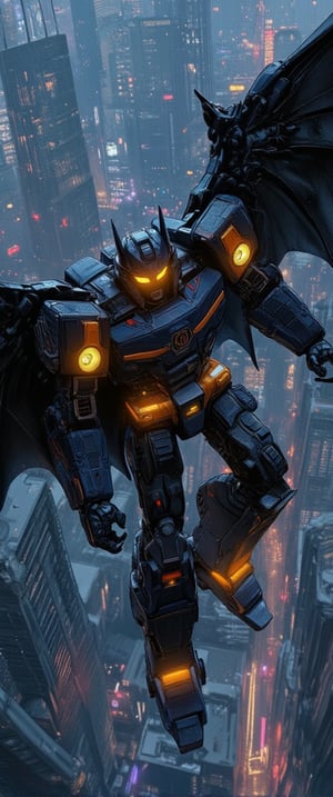 Optimus Primal, the valiant leader of the Maximals, dramatically transforming into a sleek black bat form against the backdrop of a futuristic city skyline at twilight. His robotic body, traditionally adorned in vibrant oranges and blues, has undergone a shadowy metamorphosis, with panels reshaping into bat-like wings and armor plating reconfiguring into a streamlined, menacing silhouette. His visor glows with an eerie yellow light, piercing through the deep blues and purples of the encroaching night. The cityscape below is a blend of neon lights and steel structures, reflecting off the glossy surfaces of the bat's wings. The transformation is captured mid-flight, with a trail of energy emanating from the point of change, illustrating the seamless transition from beast to machine. The scene is charged with an atmosphere of stealth and power as Optimus Primal, in this new guise, surveys the urban sprawl with a watchful gaze, ready to protect and serve from the skies above. The juxtaposition of the organic and mechanical forms creates a dynamic tension, emphasizing the duality inherent in the Beast Wars universe. This darker, edgier incarnation of Optimus Primal embodies the essence of a nocturnal protector, poised to strike fear into the hearts of his foes and maintain peace in the ever-evolving world of the Transformers.