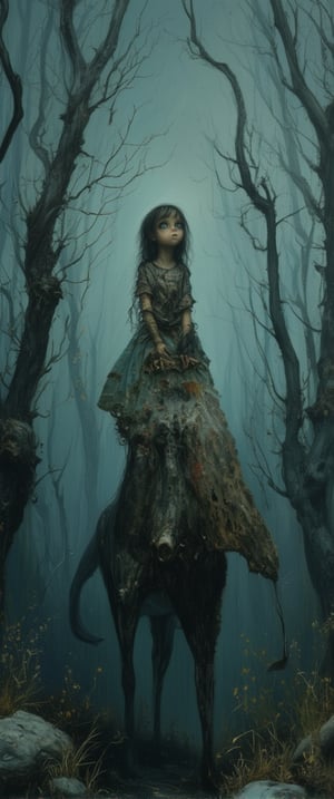 A somber, misty forest setting at dusk, with twisted tree branches like skeletal fingers grasping towards the sky. A small, melancholic girl in a tattered dress ride  A grotesque character, a figure with a slender yet muscular physique, its jawline protruding as two sharp fangs sprout from below like wicked daggers. The girl's face is deathly pale, her eyes sunken with a mix of fear and fascination as she gazes up at her monstrous companion.